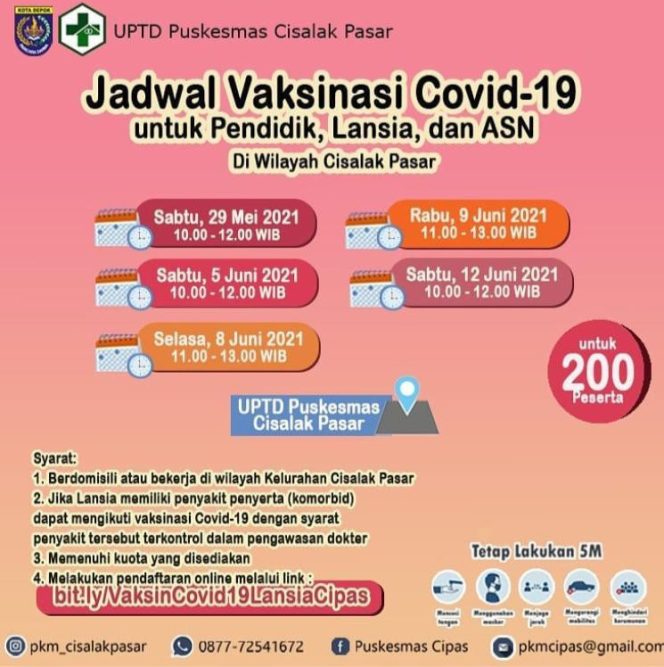 
					Pendaftaran Vaksin Covid-19 Kembali Dibuka, Puskesmas Cipas Ajak Tenaga Pendidik, Lansia, dan ASN Ikut Vaksinasi