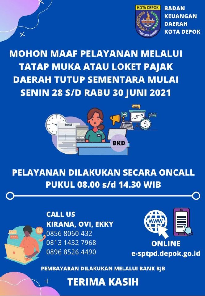 
					Informasi penutupan sementara pelayanan tatap muka di Kantor BKD Kota Depok. (Foto: istimewa).