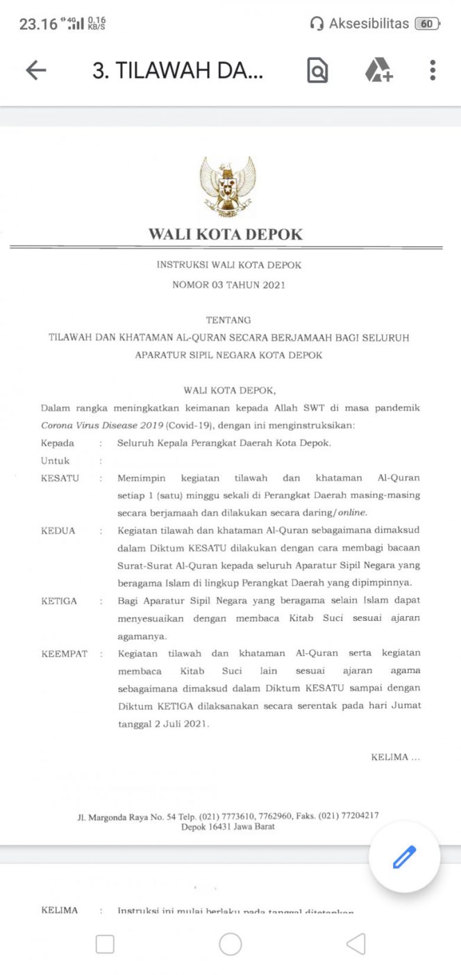 
					Foto: Instruksi Wali Kota Depok terkait arahan Tilawah dan Khatam Al Quran berjamaah untuk ASN Pemkot Depok.