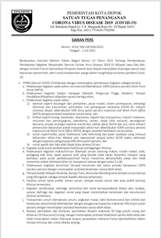 
					Rilis resmi terkait penerapan PPKM Darurat di kota Depok. (Foto: istimewa).