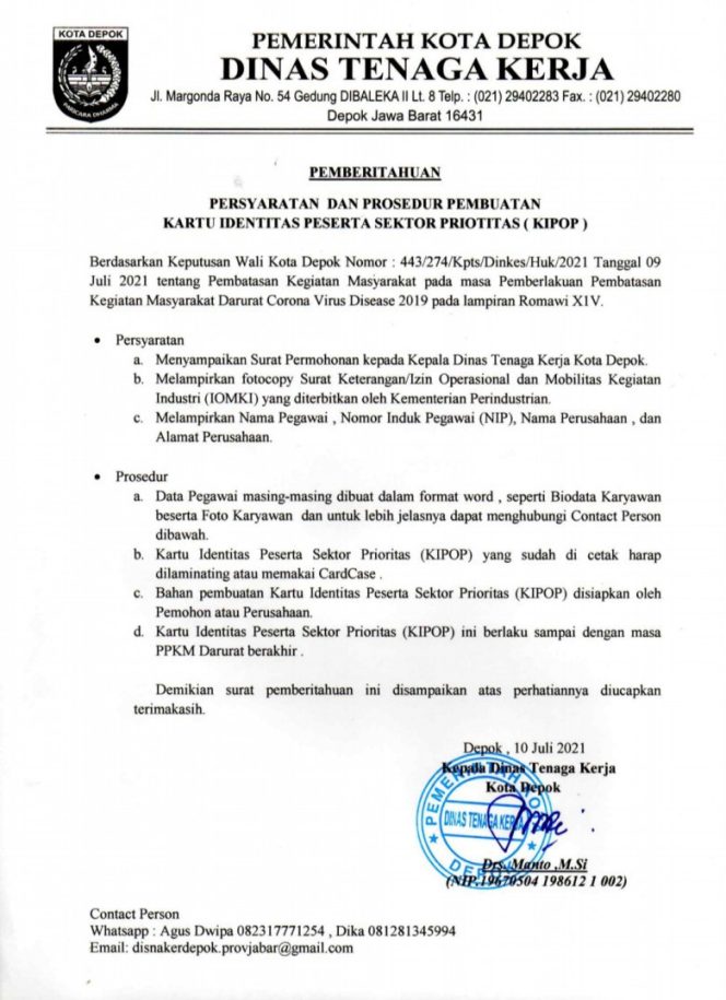 
					Surat Pemberitahuan yang dikeluarkan Disnaker Kota Depok terkait pembuatan KIPOP.  (Foto: istimewa).