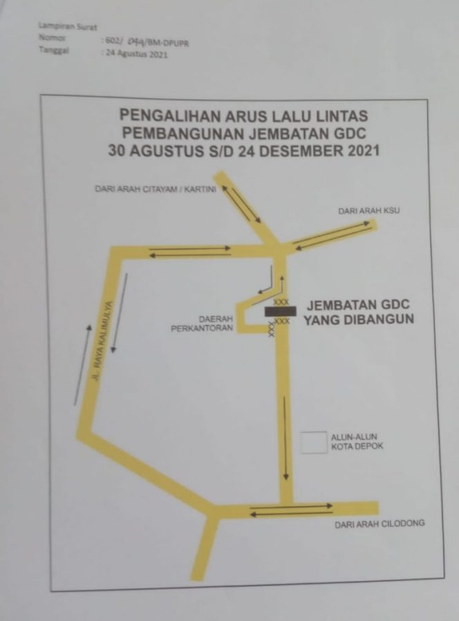 
					Skema pengalihan arus lalu lintas pembangunan jembatan GDC di Kecamatan Cilodong. (Foto: istimewa).