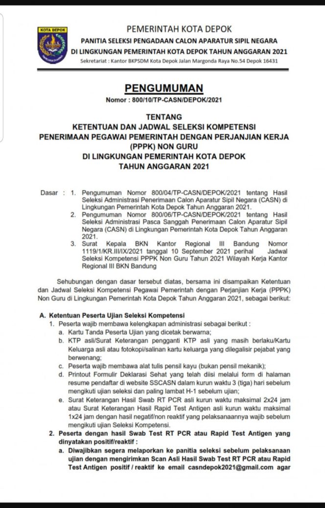 
					Surat Pengumuman Nomor: 800/10/TP-CASN/Depok/2021, tentang Ketentuan dan Jadwal Seleksi Kompetensi untuk Pegawai Pemerintah dengan Perjanjian Kerja (PPPK) Non Guru, di lingkungan Pemerintah Kota (Pemkot) Depok Tahun Anggaran 2021. (Foto: istimewa).