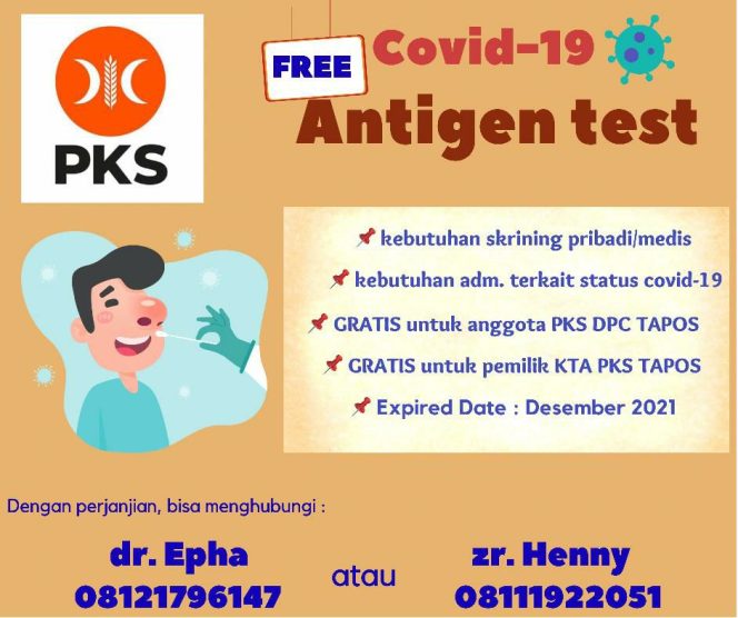 
					Bantu Keperluan Skrining Status Covid, DPC PKS Kecamatan Tapos Sediakan Rapid Antigen Test Gratis