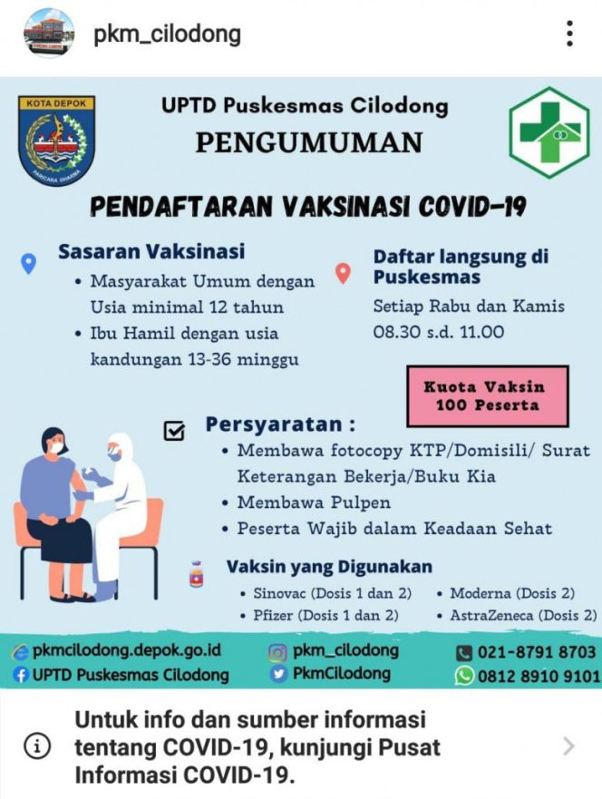 
					Informasi soal layanan vaksinasi Covid-19 di UPTD Puskesmas Cilodong. (Foto: tangkapan layar).