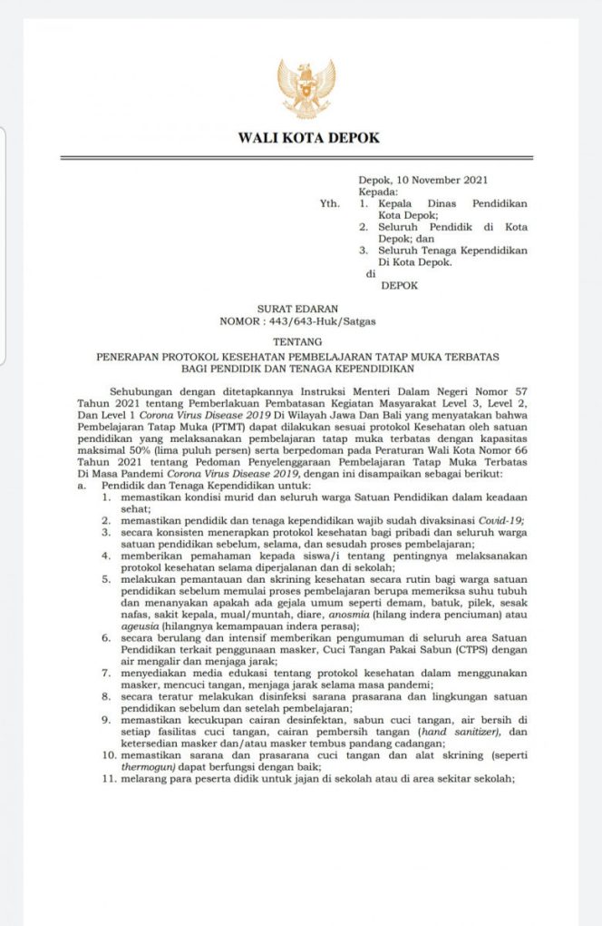 
					daran (SE) Nomor : 443/643-Huk/Satgas tentang penerapan protokol kesehatan (Prokes) Pembelajaran Tatap Muka Terbatas (PTMT) bagi pendidik dan tenaga kependidikan. (Foto: tangkapan layar).