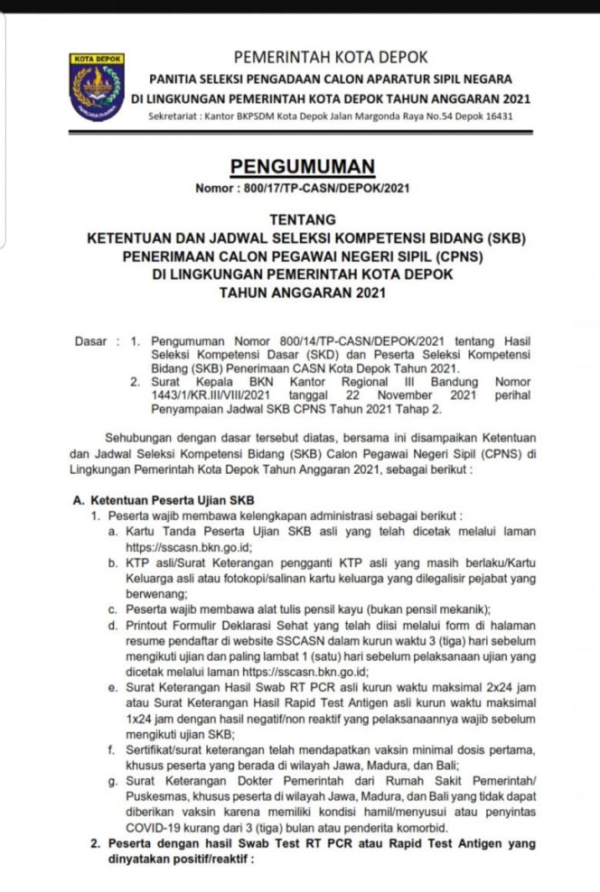 
					Surat Pengumuman Nomor: 800/17/TP-CASN/DEPOK/2021, tentang ketentuan dan jadwal seleksi kompetensi bidang penerimaan calon pengawai negeri sipil (CPNS) dilingkungan Pemerintah Kota Depok tahun anggaran 2021. (Foto: istimewa).