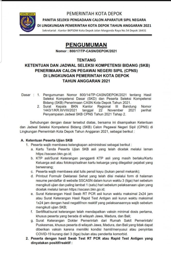 
					Surat Pengumuman Nomor: 800/17/TP-CASN/DEPOK/2021, tentang ketentuan dan jadwal seleksi kompetensi bidang penerimaan calon pengawai negeri sipil (CPNS) dilingkungan Pemerintah Kota Depok tahun anggaran 2021. (Foto: istimewa).