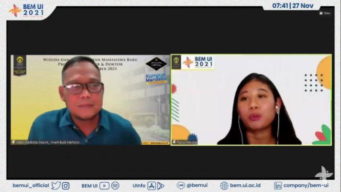 
					Wakil Wali Kota Depok, Imam Budi Hartono (kiri) bersama Moderator, Nurul Meutia dari Staf Departemen Kajian dan Aksi Strategis BEM FIA UI 2021 pada dialog publik dengan tajuk Menguak Janji Politik Wali Kota dan Wakil Wali Kota Depok, Sabtu (27/11/21). (Foto : Diskominfo)