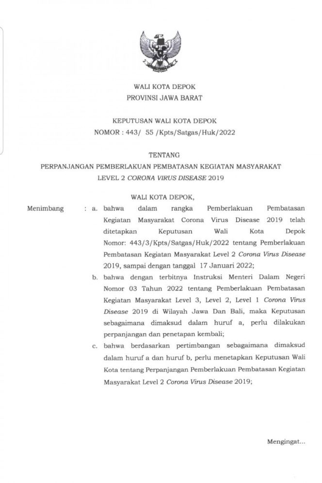 
					Surat Keputusan Wali Kota (Kepwal) Nomor 443/55/Kpts/Satgas/Huk/2022 tentang Perpanjangan Pemberlakuan Pembatasan Kegiatan Masyarakat (PPKM) Level 2 Corona Virus Disease 2019 (Covid-19). (Foto: tangkapan layar).