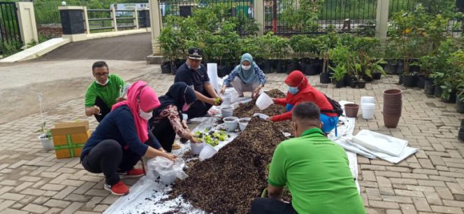 
					ASN Kelurahan Krukut saat memasukan pupuk ke dalam pot sebagai wadah tanaman. (Foto : Istimewa) 