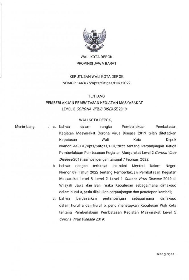 
					Surat Keputusan Wali Kota (Kepwal) Depok Nomor: 443/75/Kpts/Satgas/Huk/2022 tentang PPKM Level 3 Covid-19. (Foto: istimewa).