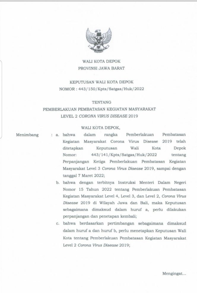 
					Keputusan Wali Kota (Kepwal) Depok Nomor 443/150/Kpts/Satgas/Huk/2022. (Foto: Istimewa)