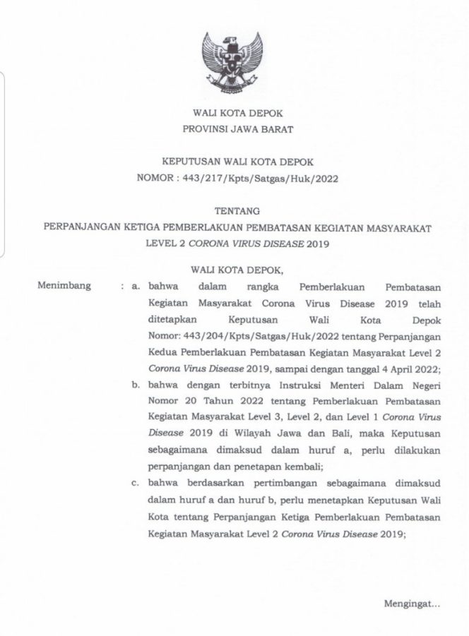 
					Keputusan Wali Kota (Kepwal) Depok Nomor: 443/217/Kpts/Satgas/Huk/2022 tentang perpanjangan ketiga PPKM Level 2 Corona Virus Disease (Covid-19). (Foto: tangkapan layar).