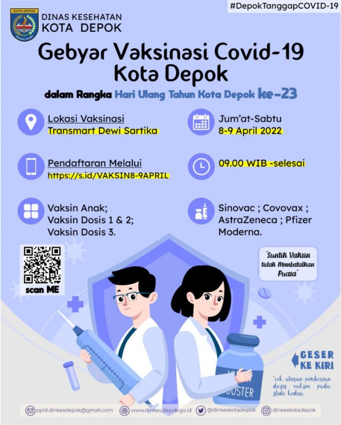 
					HUT ke-23 Kota Depok, Dinkes Gelar Gebyar Vaksinasi Covid-19 di Transmart Dewi Sartika