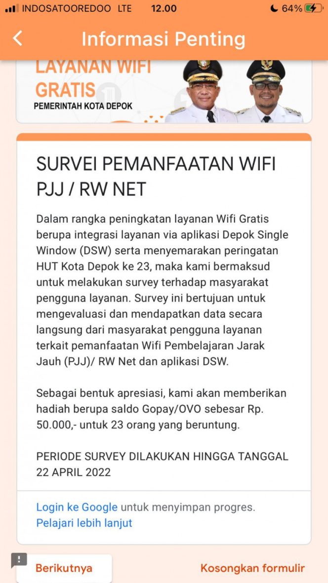 
					Tampilan Survei Layanan Wifi PJJ di aplikasi DSW. (Foto: istimewa).