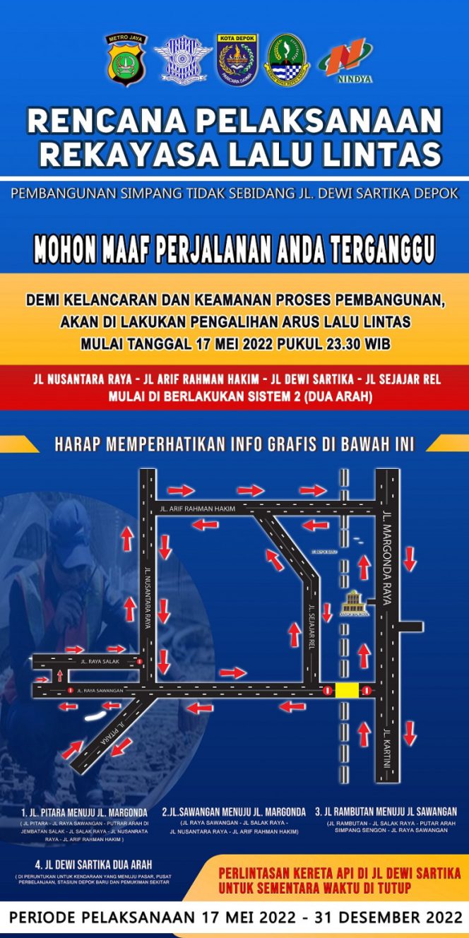 
					Berlaku Mulai 17 Mei, Berikut Rekayasa Lalu Lintas Selama Pembangunan Underpass Dewi Sartika￼￼