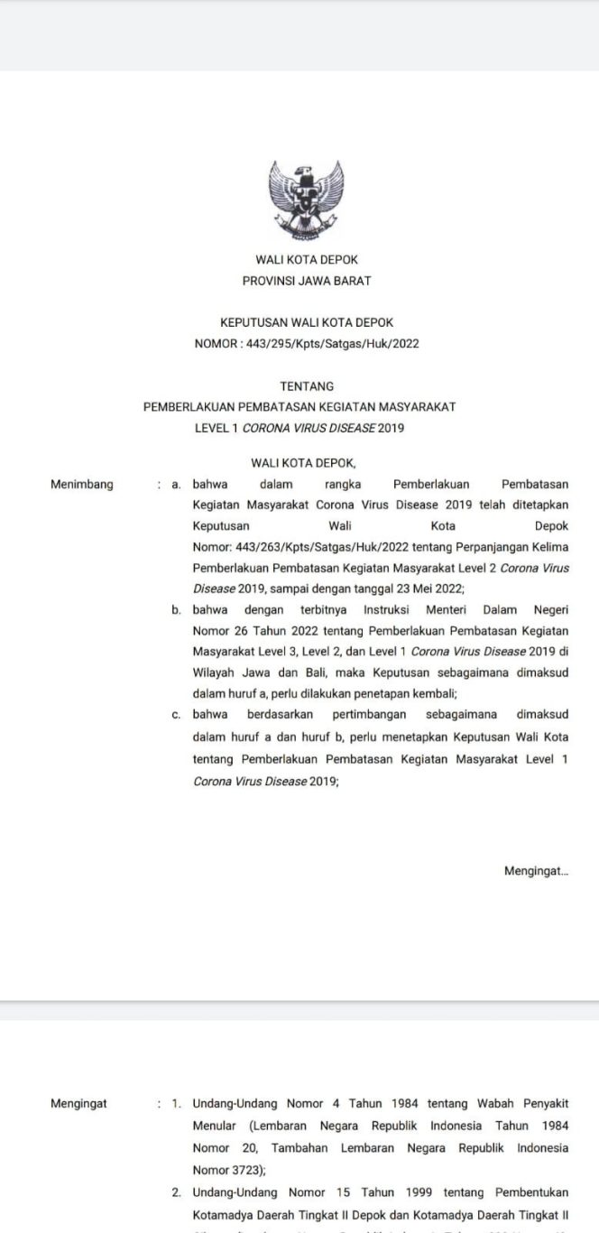 
					Keputusan Wali Kota (Kepwal) Depok Nomor: 443/295/Kpts/Satgas/Huk/2022 tentang PPKM Level 1 Corona Virus Disease (Covid-19). (Foto: Tangkapan layar).
