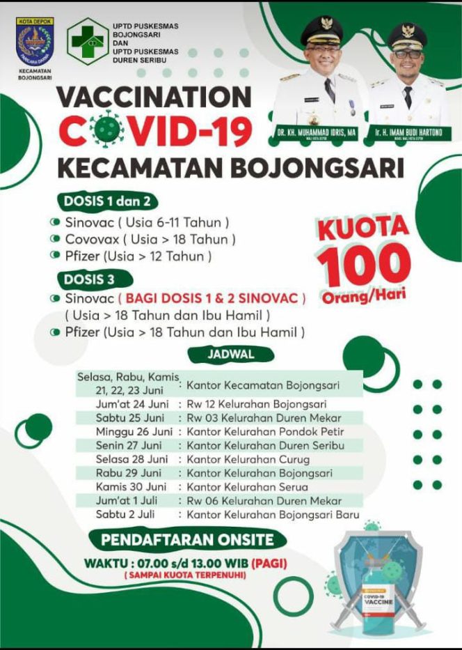 
					Flyer jadwal pelaksanaan Gebyar Vaksinasi Covid-19 Massal di Kecamatan Bojongsari. (Foto: istimewa).