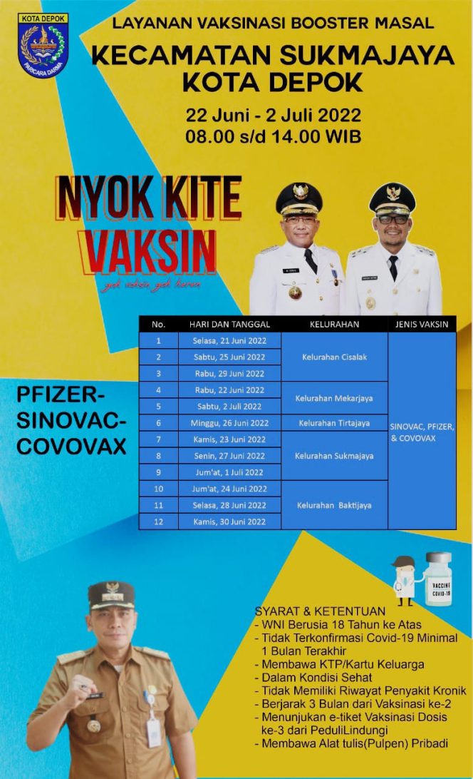 
					Flayer terkait layanan vaksinasi Covid-19 Kecamatan Sukmajaya. (Foto: istimewa)