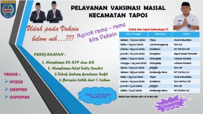 
					Flayer jadwal dan lokasi pelayanan vaksinasi massal di Kecamatan Tapos. (Istimewa)