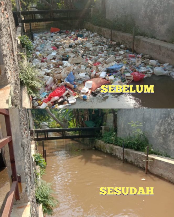 
					Tampilan Kali Cabang Timur (KCT) di area Balai Kota Depok sebelum dan setelah dibersihkan Satgas DPUPR, Jumat (29/07/22). (Foto: istimewa).
