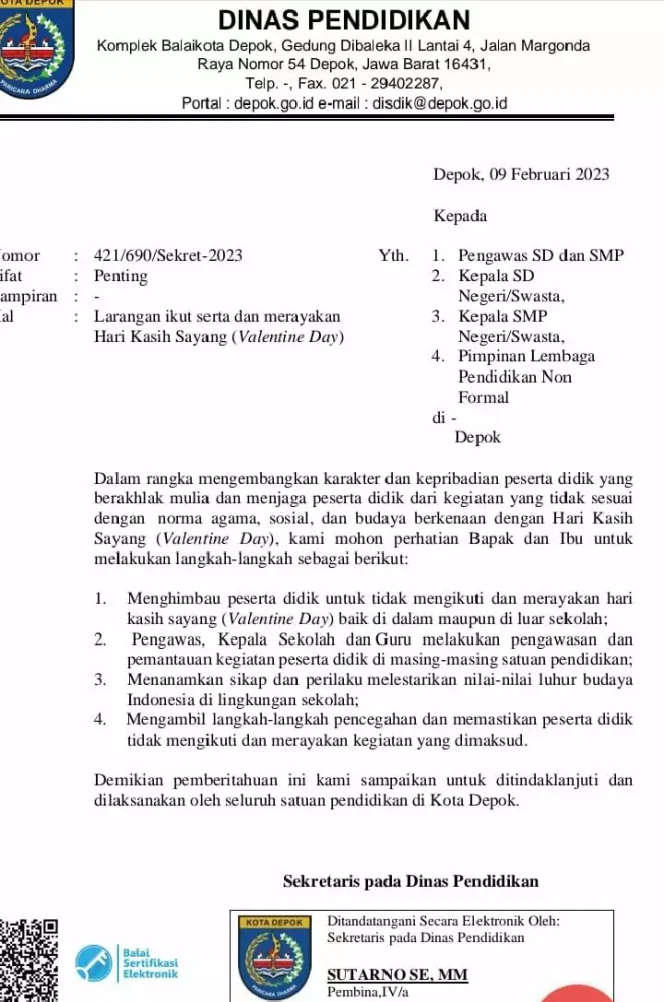 
					SE yang Dikeluarkan Disdik Kota Depok Tentang Larangan Merayakan Hari Valentine bagi Pelajar. (Foto: Tangkapan layar).