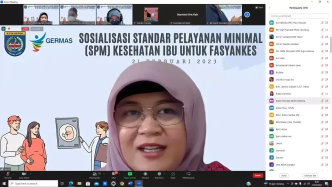 
					Kepala Bidang Kesehatan Masyarakat, Dinkes Kota Depok, Zakiah, saat menghadiri kegiatan sosialisasi SPM Kesehatan Ibu untuk Praktik Mandiri Bidan (PMB) dan Klinik Kota Depok Tahun 2023 secara daring, Selasa (21/02/23). (Foto: Istimewa).