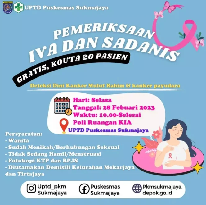 
					Informasi Pemeriksaan IVA dan Sadanis di UPTD Puskesmas Sukmajaya. (Foto: Tangkapan Layar).