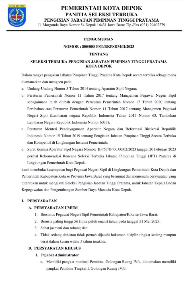 
					Surat Pengumuman Nomor: 800/003-PST/BKPSDM/II/2023 tentang Seleksi Terbuka Pengisian Jabatan Pimpinan Tinggi Pratama Kota Depok. (Foto: tangkapan layar).