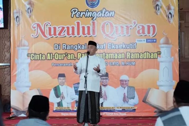 
					Wali Kota Depok, Mohammad Idris saat menghadiri peringatan Nuzulul Qur'an tahun 1444 Hijriah Tingkat Kota Depok di Masjid Agung Balai Kota Depok, Jumat (14/04/23) malam. (Foto: JD01/Diskominfo)