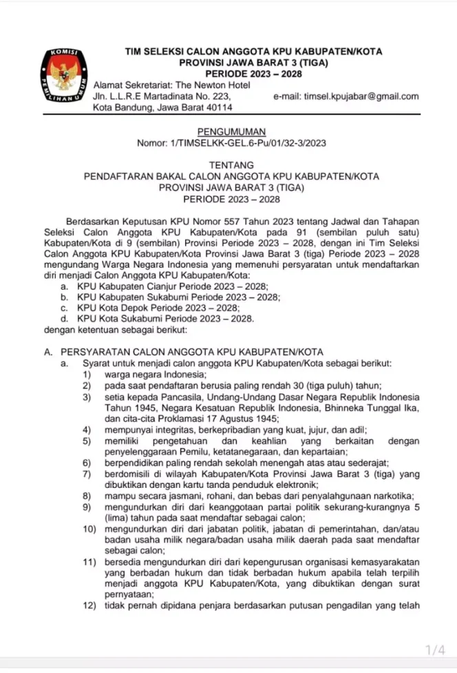
					Surat Keputusan KPU Nomor 557 Tahun 2023 tentang Jadwal dan Tahapan Seleksi Calon Anggota KPU kabupaten/kota pada 91 kabupaten/kota di 9 Provinsi periode 2023 – 2028. (Foto: tangkapan layar).