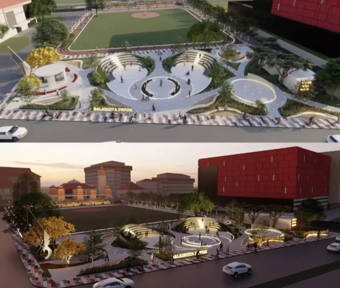 
					Desain Depok Open Space yang berada tepat di depan Balai Kota Depok, Jalan Margonda Raya Nomor 54 Kecamatan Pancoran Mas (Panmas).