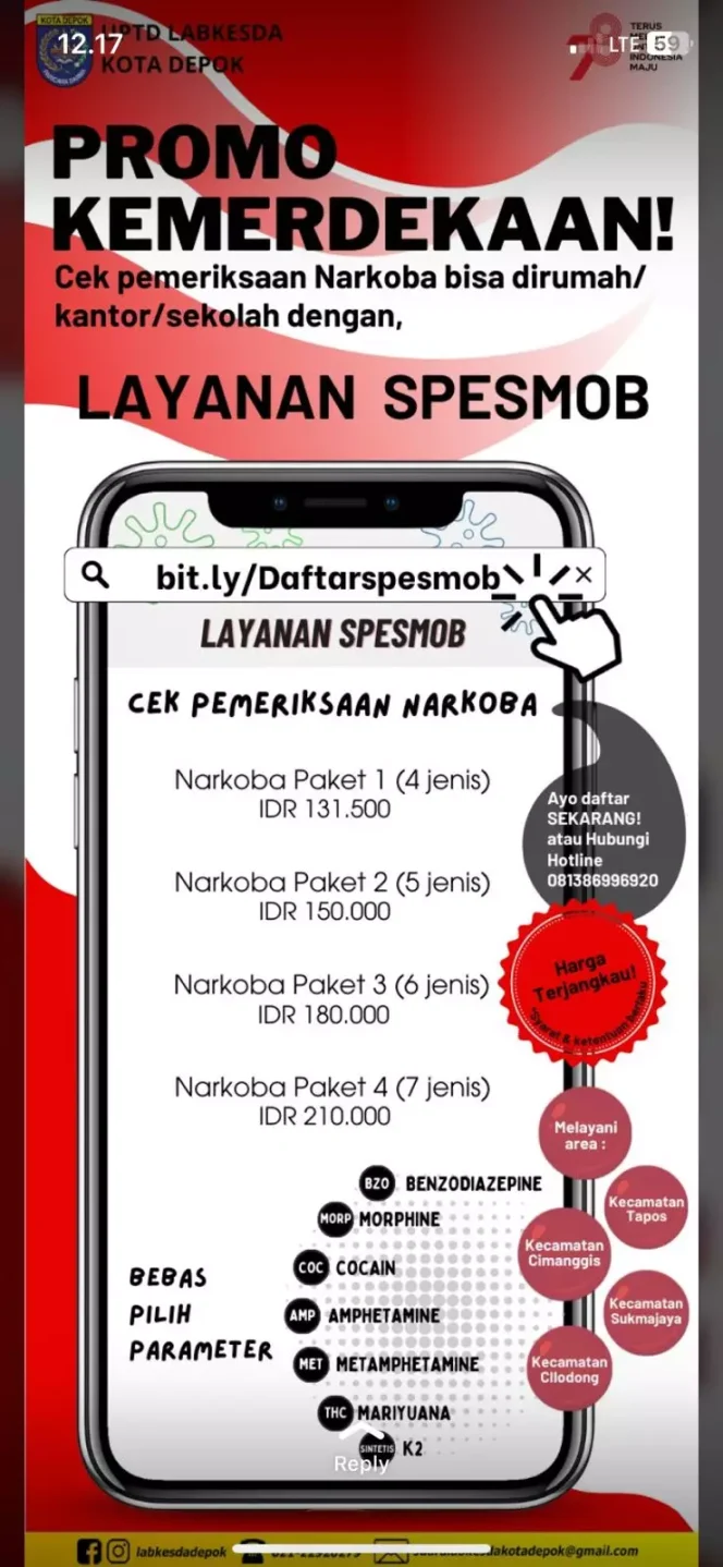 
					Informasi promo kemerdekaan layanan spesmob pemeriksaan narkoba pada Labkesda Kota Depok. (Foto: Tangkapan Layar)