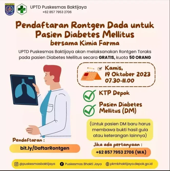 
					Informasi pelayanan Rontgen Dada pada pasien Diabetes Melitus di UPTD Puskesmas Baktijaya. (Foto: Tangkapan Layar/ UPTD Puskesmas Baktijaya)