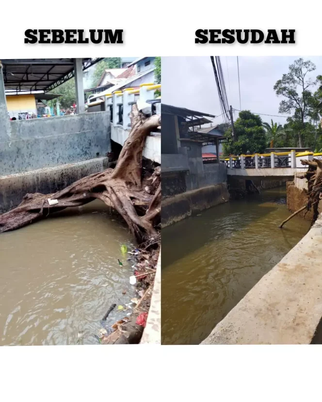 
					Kondisi Kali Cikumpa Jalan Pertanian RT 04 RW 05 Kelurahan Tirtajaya, Kecamatan Sukmajaya, sebelum dan sesudah pembersihan oleh Satgas DPUPR Kota Depok, Senin (06/11/23). (Foto:Dok.DPUPR)