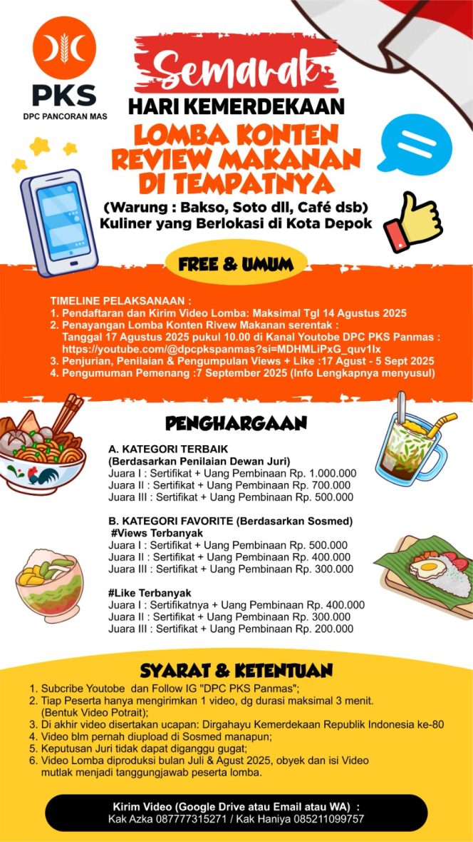 
					Lomba Review Makanan Warung & Café Sambut HUT RI ke-80  Diselenggarakan oleh DPC PKS Pancoran Mas, Depok