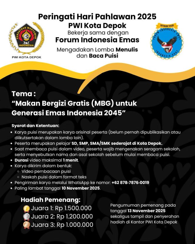 
					PWI Depok Kembali Gelar Lomba Menulis dan Baca Puisi, Sukseskan Pelaksanaan Program MBG