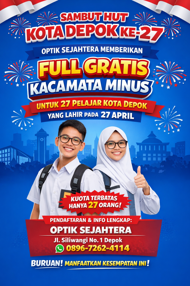 
					Sambut HUT Kota Depok Optik Sejahtera Berikan 27 Kacamata Gratis untuk Pelajar yang Lahir 27 April