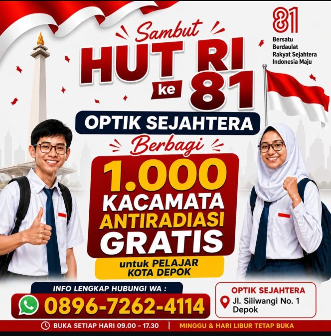 
					Sambut HUT RI ke-81, Optik Sejahtera Bagikan Kacamata Antiradiasi Gratis untuk Pelajar Kota Depok